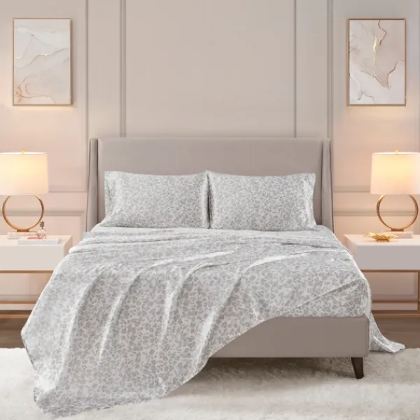 Bed Sheets-Kirkland's Home Gray Leopard Print Satin 4-Pc. King Sheet Set White/Gray