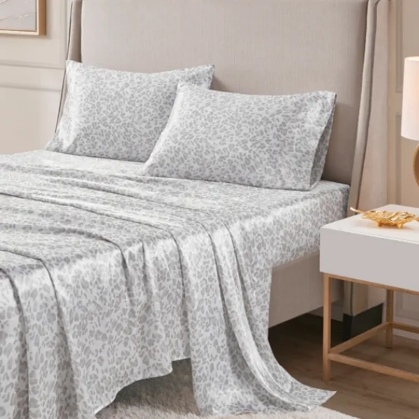 Bed Sheets-Kirkland's Home Gray Leopard Print Satin 4-Pc. King Sheet Set White/Gray