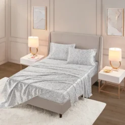 Bed Sheets-Kirkland's Home Gray Leopard Print Satin 3-Pc. Twin Sheet Set White/Gray
