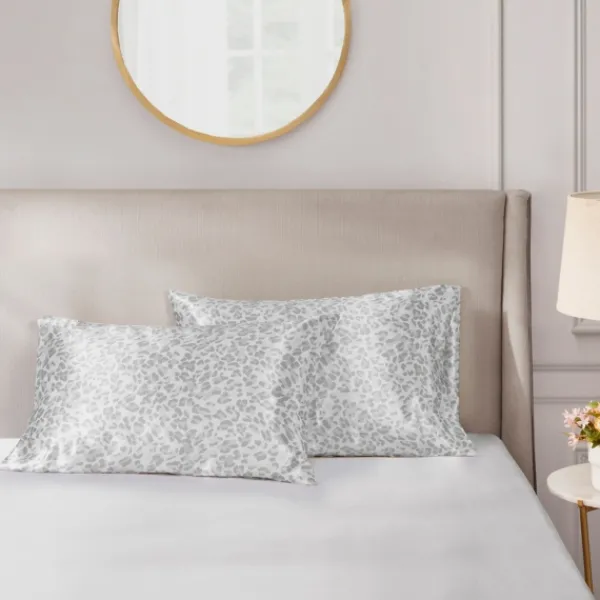 Bed Sheets-Kirkland's Home Gray Leopard Satin Standard 2-Pc. Pillow Case Set White/Gray