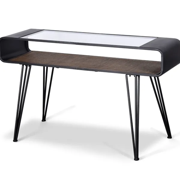 Console Tables-Kirkland's Home Gray Metal And Rattan Shelf Console Table