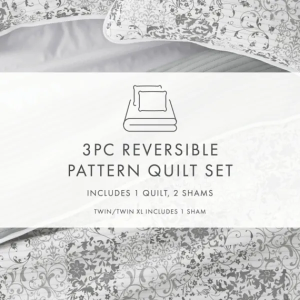 Quilts-Kirkland's Home Gray Patchwork Reversible 3-Pc. Queen Quilt Set Gray/White