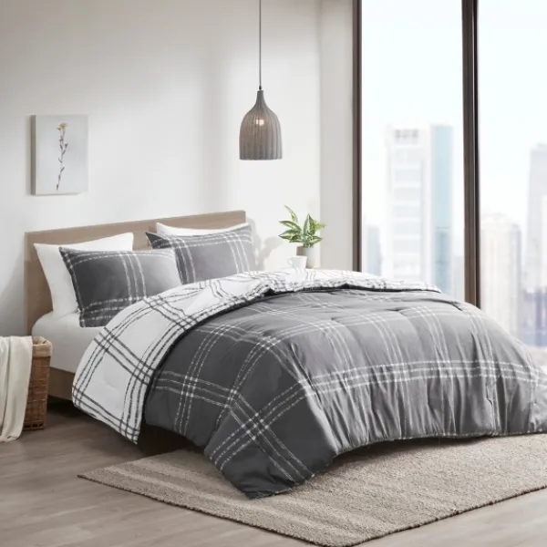 Comforters-Kirkland's Home Gray Plaid Dayton 3-Pc. King Comforter Set Gray/White