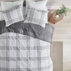 Duvets-Kirkland's Home Gray Plaid Reversible 3-Pc. Queen Duvet Cover Set Gray/White