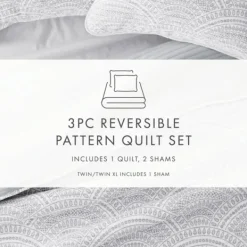 Quilts-Kirkland's Home Gray Scalloped Reversible 3-Pc. King Quilt Set Gray/White