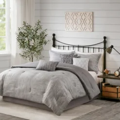 Comforters-Kirkland's Home Gray Seersucker 7-Pc. King Comforter Set Gray/White