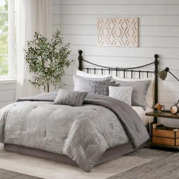 Comforters-Kirkland's Home Gray Seersucker 7-Pc. King Comforter Set Gray/White