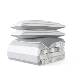 Quilts-Kirkland's Home Gray Striped Reversible 3-Pc. Queen Quilt Set Gray/White