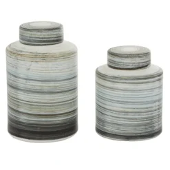 Decorative Bowls & Jars-Kirkland's Home Gray Striped Stoneware Jars With Lids, Set Of 2 Gray/Green