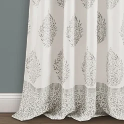 Curtains & Drapes-Kirkland's Home Gray Teardrop Leaves Curtain Panel Set, 95 In. White/Gray