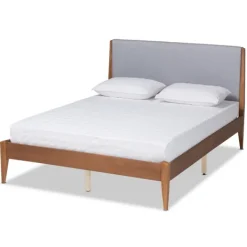 Beds & Headboards-Kirkland's Home Gray Upholstered Brown Wood King Platform Bed Gray/Brown