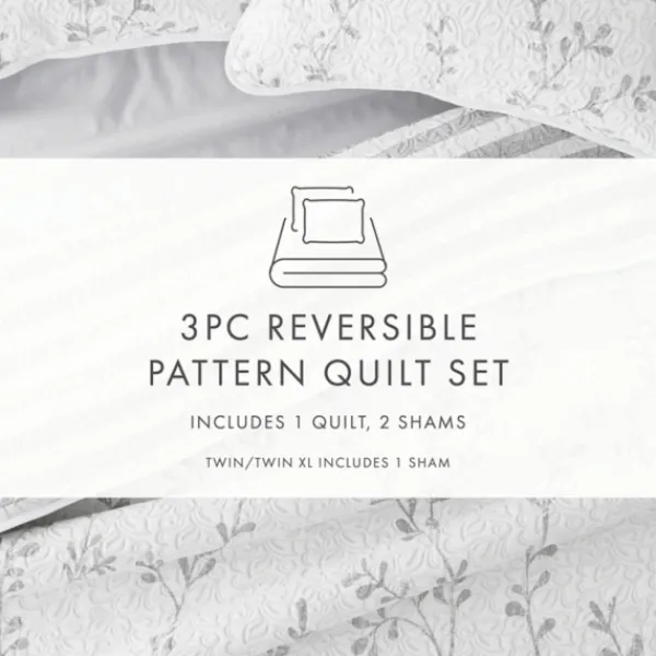 Quilts-Kirkland's Home Gray Vines Reversible 3-Pc. Queen Quilt Set Gray/White