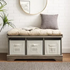 Benches & Ottomans-Kirkland's Home Gray Wash Entryway Bench And Storage Bins Tan