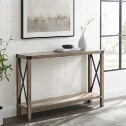 Console Tables-Kirkland's Home Gray Wash Farmhouse X-Frame Console Table Brown