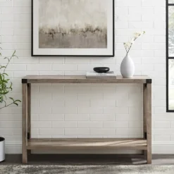 Console Tables-Kirkland's Home Gray Wash Farmhouse X-Frame Console Table Brown
