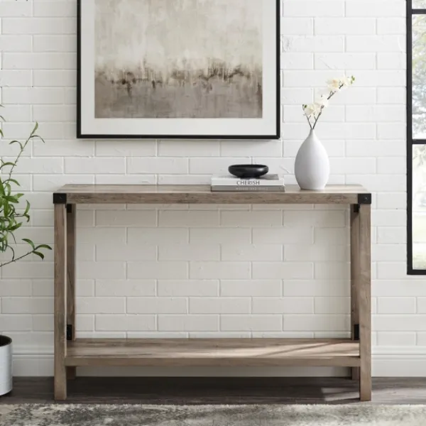 Console Tables-Kirkland's Home Gray Wash Farmhouse X-Frame Console Table Brown