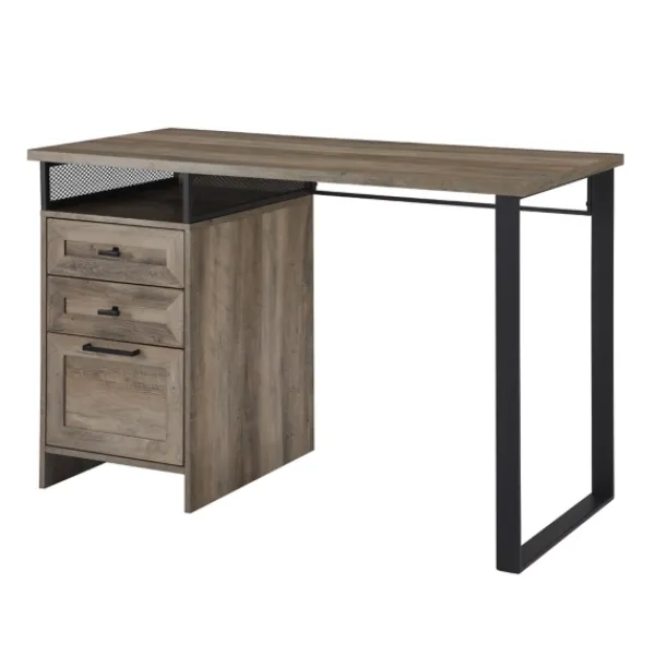 Office Furniture-Kirkland's Home Gray Wash Wood And Mesh 3-Drawer Desk