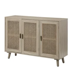 Cabinets & Sideboards-Kirkland's Home Gray Wood And Cane 3-Door Cabinet