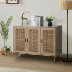 Cabinets & Sideboards-Kirkland's Home Gray Wood And Cane 3-Door Cabinet