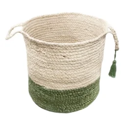 Baskets & Boxes-Kirkland's Home Green And Cream Woven Basket With Tassel, 17 In. Green/White