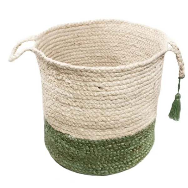 Baskets & Boxes-Kirkland's Home Green And Cream Woven Basket With Tassel, 17 In. Green/White