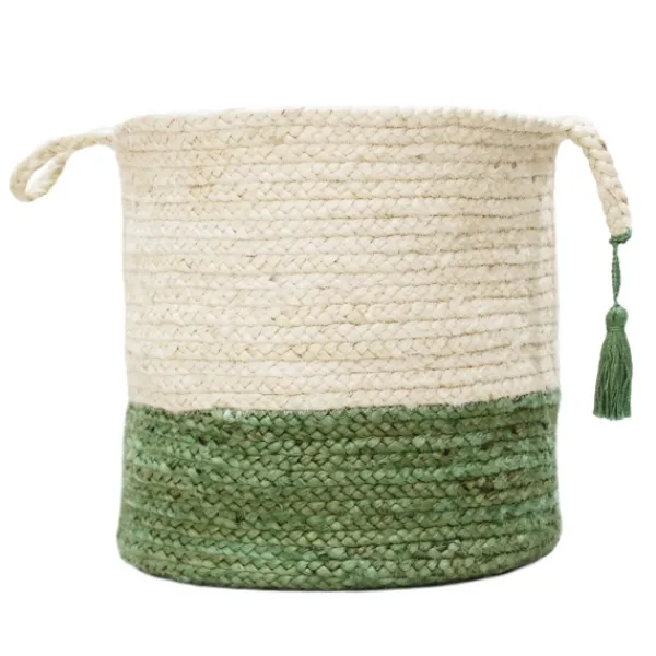 Baskets & Boxes-Kirkland's Home Green And Cream Woven Basket With Tassel, 19 In. Green/White