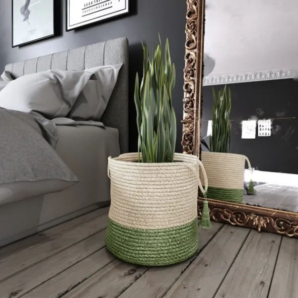 Baskets & Boxes-Kirkland's Home Green And Cream Woven Basket With Tassel, 19 In. Green/White