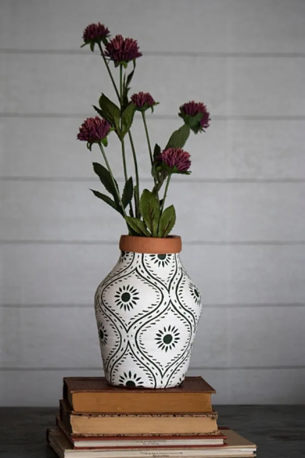 Vases-Kirkland's Home Green And White Floral Terracotta Vase White/Green