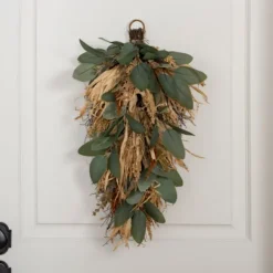 Wreaths-Kirkland's Home Green Eucalyptus And Heather Wheat Teardrop Swag Green/Tan