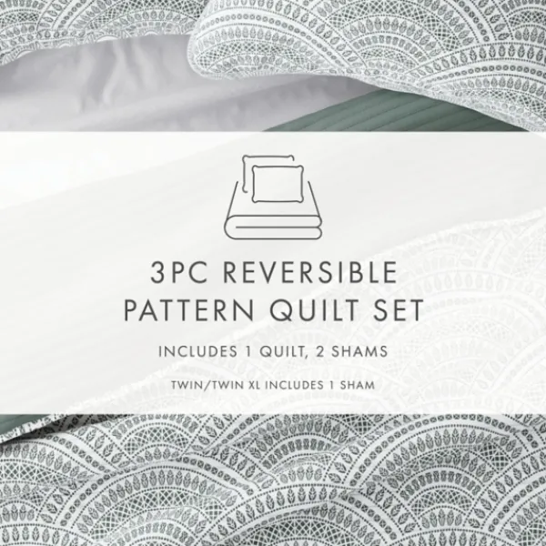 Quilts-Kirkland's Home Green Scalloped Reversible 3-Pc. Queen Quilt Set Green/White