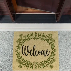 Doormats-Kirkland's Home Green Wreath Welcome Coir Doormat Tan/Green/Black