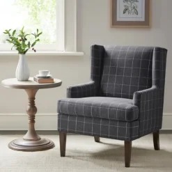 Accent Chairs-Kirkland's Home Grid Plaid Upholstered Martha Stewart Accent Chair Gray