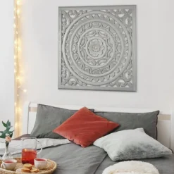 Wall Plaques-Kirkland's Home Handcarved Floral Medallion Wood Wall Plaque Gray