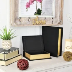 Baskets & Boxes-Kirkland's Home Heathered Linen Book Boxes, Set Of 2 Black