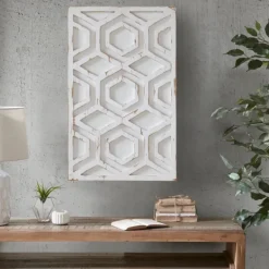Wall Plaques-Kirkland's Home Hexagon White Wood Plaque White/Tan