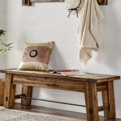 Dining Chairs-Kirkland's Home Honey Acacia Wood Rustic Metal Rod Dining Bench Brown/Black