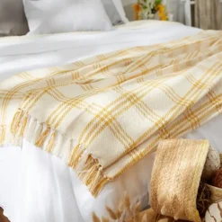 Blankets & Throws-Kirkland's Home Honey Gold Plaid Fringe Throw Yellow