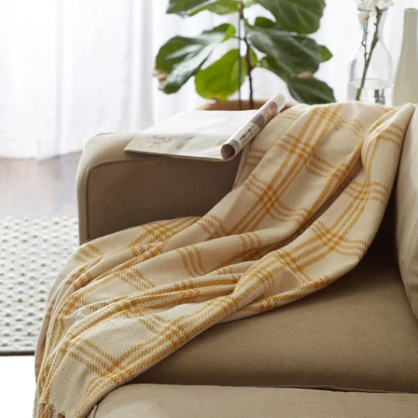 Blankets & Throws-Kirkland's Home Honey Gold Plaid Fringe Throw Yellow