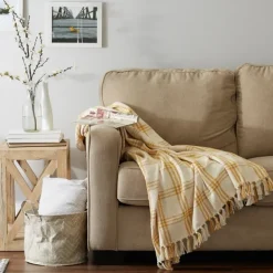 Blankets & Throws-Kirkland's Home Honey Gold Plaid Fringe Throw Yellow