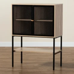 Cabinets & Sideboards-Kirkland's Home Honey Wood And Metal Mesh Cabinet Brown