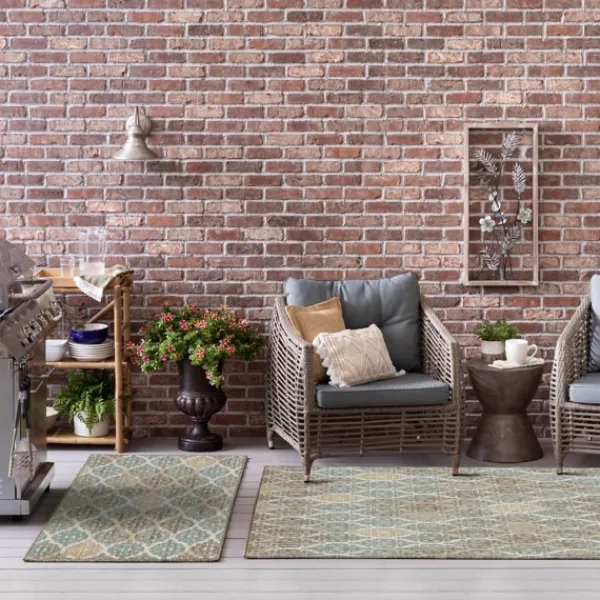 Outdoor Rugs-Kirkland's Home Ikat Scrolling Brown Outdoor Area Rug, 5X7 Brown/Blue/Gray