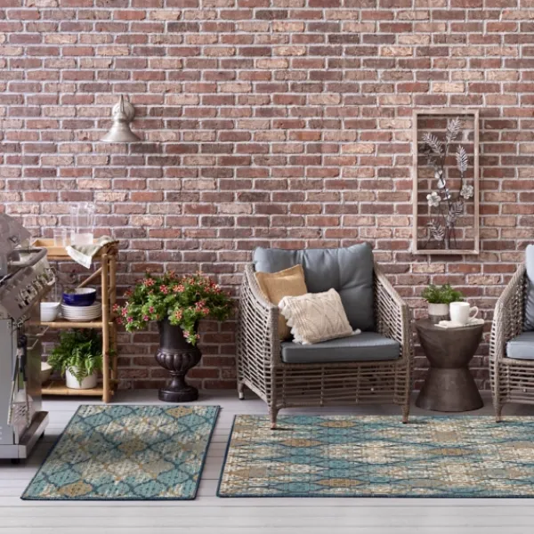 Outdoor Rugs-Kirkland's Home Ikat Scrolling Indigo Outdoor Area Rug, 5X7 White/Blue/Yellow