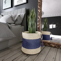 Baskets & Boxes-Kirkland's Home Indigo Bold Striped Jute Basket, 17 In. Blue/Ivory