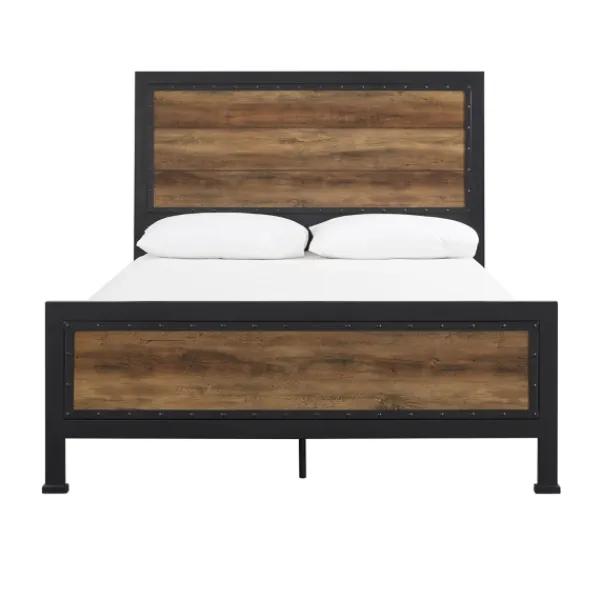 Beds & Headboards-Kirkland's Home Industrial Rustic Oak Queen Bed With Metal Frame Brown