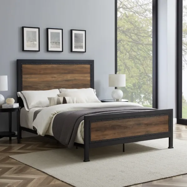 Beds & Headboards-Kirkland's Home Industrial Rustic Oak Queen Bed With Metal Frame Brown