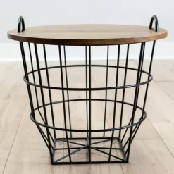Accent & End Tables-Kirkland's Home Industrial Wire And Wood Basket Side Table Black