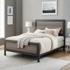 Beds & Headboards-Kirkland's Home Industrial Wood Queen Bed With Metal Frame Brown