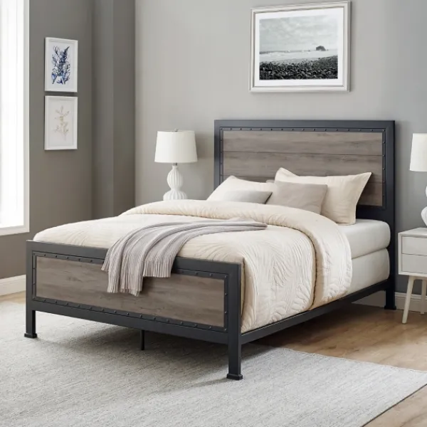Beds & Headboards-Kirkland's Home Industrial Wood Queen Bed With Metal Frame Brown