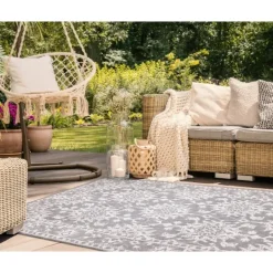 Outdoor Rugs-Kirkland's Home Irene Gray Daffodil Outdoor Area Rug, 6X9 Gray/White