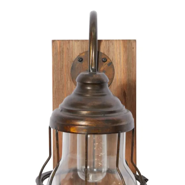 Sconces-Kirkland's Home Iron Glass Incased Wood Back Led Wall Sconce